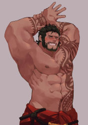 Rule 34 | 1boy, abs, absurdres, arm tattoo, arms up, bara, beard, blush, chest tattoo, commentary request, cowboy shot, facial hair, green hair, grin, guoguo, highres, large pectorals, looking at viewer, male focus, mature male, muscular, muscular male, navel, nipples, original, pants, pectorals, red pants, short hair, smile, solo, stomach, tattoo, topless male