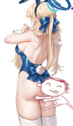 Rule 34 | 1boy, 1girl, animal ears, doodle sensei (blue archive), ass, back, backless leotard, backless outfit, bare arms, blonde hair, blue archive, blue hairband, blue leotard, braid, breasts, fake animal ears, fake tail, fangxiang cuoluan, from behind, hair ornament, hairband, halo, hands up, highleg, highleg leotard, highres, large breasts, leotard, playboy bunny, rabbit ears, rabbit tail, sensei (blue archive), simple background, solo focus, tail, thighhighs, thighs, toki (blue archive), toki (bunny) (blue archive), white background, white thighhighs, wrist cuffs