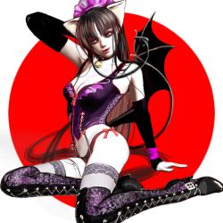 Rule 34 | 1girl, animal ears, artist request, bat wings, bell, boots, breasts, brown hair, cat ears, cat tail, cleavage, demon girl, demon tail, detached sleeves, headdress, high heel boots, high heels, kneeling, lingerie, lipstick, long hair, lowres, maid headdress, makeup, panties, pink eyes, purple thighhighs, red panties, shoes, sitting, smile, solo, tail, thigh boots, thighhighs, underwear, wings
