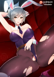 Rule 34 | animal ears, arm up, battle bunny riven, breasts, breasts apart, carrot, cleft of venus, couch, fake animal ears, grey hair, high heels, large breasts, league of legends, looking at viewer, naughty face, pantyhose, playboy bunny, pussy, rabbit ears, riven (league of legends), see-through, smile, spread legs, thighs, tofuubear, torn clothes, torn legwear, uncensored, watermark