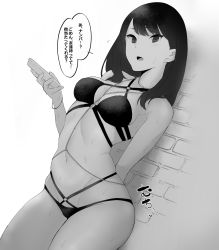 Rule 34 | ..., 1girl, ?, arm behind back, bare shoulders, belly chain, bikini, bracelet, breasts, cellphone, cleavage, commentary request, cowboy shot, flying sweatdrops, greyscale, gridman universe, highres, holding, holding phone, jewelry, kagto (alterna), long hair, looking at viewer, medium breasts, medium hair, midriff, monochrome, multi-strapped bikini, navel, necklace, open mouth, phone, sleeveless, smartphone, solo, speech bubble, ssss.gridman, stomach, swimsuit, takarada rikka, tongue, translated