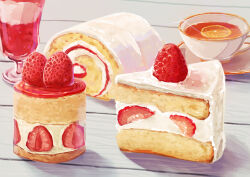 Rule 34 | absurdres, cake, cake slice, cup, drinking glass, food, food focus, fruit, highres, kaneko ryou, no humans, original, still life, strawberry, strawberry shortcake, swiss roll, table, teacup