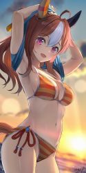 Rule 34 | 1girl, ahoge, animal ears, armpits, arms up, blurry, blurry background, breasts, cleavage, commentary request, copano rickey (umamusume), highres, horse ears, horse girl, horse tail, may9, medium breasts, navel, purple eyes, signature, solo, summer, sunset, swimsuit, tail, umamusume