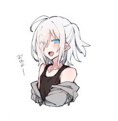 Rule 34 | 1girl, ahoge, androgynous, armpit crease, azuma shino, bad id, bad twitter id, bare shoulders, blue eyes, bright pupils, brown tank top, collarbone, cropped torso, eyes visible through hair, fang, flat chest, grey hair, grey hoodie, hair over one eye, half updo, hood, hood down, hoodie, light blush, looking at viewer, medium hair, nowareno (azuma shino), off shoulder, open mouth, original, partially unzipped, simple background, skin fang, slit pupils, smile, solo, tank top, translation request, upper body, white background, white pupils