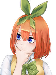 Rule 34 | 1girl, :t, blue eyes, blush, bow, close-up, closed mouth, collared shirt, commentary request, double-parted bangs, emoji, eyebrows hidden by hair, eyelashes, furrowed brow, go-toubun no hanayome, green bow, green ribbon, hair between eyes, hair ribbon, hand on own chin, hand up, highres, index finger raised, looking to the side, medium hair, nakano yotsuba, orange hair, plaid, plaid bow, ribbon, school uniform, shirt, simple background, solo, squishing, straight hair, stroking own chin, sweater vest, thinking, thino0203, white background, white shirt, yellow sweater vest