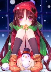 Rule 34 | 1boy, 1girl, absurdres, brown hair, censored, convenient censoring, gender request, genderswap, hat, highres, komota (mikebukuro), little busters!, mittens, mouth hold, naoe riki, purple eyes, scarf, sitting, snow, snowman, solo, sweater, winter clothes