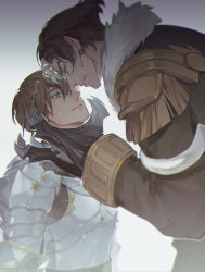 Rule 34 | 2boys, absurdres, adventurer (ff14), alternate form, armor, blue eyes, breastplate, brown coat, brown hair, chinese commentary, claws, coat, commentary request, earrings, emet-selch, epaulettes, eye contact, facial hair, final fantasy, final fantasy xiv, from side, fur-trimmed coat, fur trim, garlean, gauntlets, gradient background, hair between eyes, half-closed eyes, hand in another&#039;s hair, highres, hyur, jewelry, leaning forward, long sleeves, looking at another, looking up, male focus, multicolored hair, multiple boys, paladin (final fantasy), parted lips, pauldrons, profile, reaching, scowl, seikobaba, short hair, shoulder armor, streaked hair, stubble, two-tone hair, upper body, v-shaped eyebrows, warrior of light (ff14), white hair, yaoi, yellow eyes
