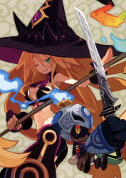 Rule 34 | 1girl, blonde hair, braid, green eyes, harada takehito, hat, highres, hyakkihei, long hair, majo to hyakkihei, metallica (majo to hyakkihei), nippon ichi, official art, one eye closed, orange eyes, solo, sword, weapon, winks, witch, witch hat