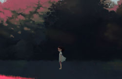 Rule 34 | 1girl, barefoot, child, dark, dress, grass, holding, holding shoes, ichikawa, looking at viewer, nature, scenery, shoes, solo