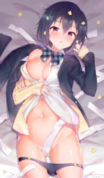 Rule 34 | 1girl, :o, absurdres, artist name, bad id, bad pixiv id, bandages, black hair, black panties, blazer, blush, bow, bowtie, breasts, cleavage, collared shirt, dated, dress shirt, flower, gluteal fold, hair flower, hair ornament, highres, huge filesize, jacket, long sleeves, looking at viewer, lying, medium breasts, mizuno ai, navel, on back, open clothes, open shirt, panties, panty pull, plaid, plaid bow, purple eyes, pussy, school uniform, shirt, short hair, sleeves past wrists, stomach, tousang, underwear, white shirt, yellow flower, yellow shirt, zombie land saga