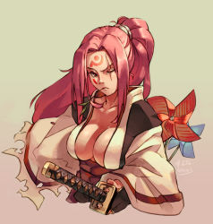 Rule 34 | 1girl, 2013, amputee, arc system works, baiken, breasts, cleavage, dated, drinking straw, facial tattoo, fingerless gloves, gloves, guilty gear, hand on hilt, highres, japanese clothes, junkpuyo, kataginu, katana, kimono, large breasts, long hair, md5 mismatch, mouth hold, no bra, obi, one-eyed, open clothes, open kimono, pink eyes, pink hair, pinwheel, ponytail, sash, scar, scar across eye, scar on face, scrunchie, simple background, solo, straw (stalk), sword, tattoo, torn clothes, upper body, weapon