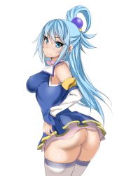 Rule 34 | 1girl, aqua (konosuba), artist request, ass, blue eyes, blue hair, bottomless, breasts, closed mouth, covered erect nipples, female focus, highres, kono subarashii sekai ni shukufuku wo!, large breasts, long hair, looking at viewer, shiny skin, simple background, solo, thighhighs, white background, white thighhighs