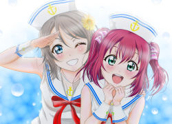 Rule 34 | 10s, 2girls, blue eyes, green eyes, grey hair, grin, h.i.t (59-18-45), hat, highres, kurosawa ruby, love live!, love live! sunshine!!, multiple girls, open mouth, red hair, sailor, sailor hat, short hair, smile, twintails, watanabe you