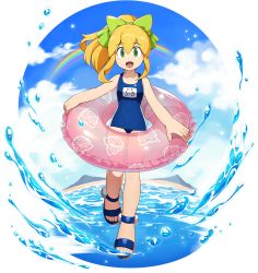 Rule 34 | 1girl, android, blonde hair, blue sky, bow, capcom, cloud, facing viewer, full body, green eyes, hair bow, highres, holding, holding swim ring, innertube, long hair, looking at viewer, mega man (classic), mega man (series), mega man x (series), mega man x dive, mizuno keisuke, official art, open mouth, ponytail, rainbow, roll (mega man), school swimsuit, sky, smile, solo, summer, swim ring, swimsuit, transparent background, water