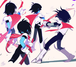 Rule 34 | 1other, armor, black bodysuit, black hair, blue skin, bodysuit, boots, colored skin, cropped legs, crossed arms, deltarune, from behind, gloves, highres, holding, holding sword, holding weapon, kris (deltarune), multiple views, pointing, red scarf, scarf, senjochi janai, signature, simple background, sword, weapon, white footwear, white gloves