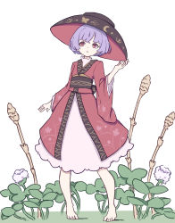 Rule 34 | 1girl, absurdres, barefoot, bow, bowl, bowl hat, dress, eyebrows hidden by hair, full body, hat, highres, japanese clothes, kame (kamepan44231), kimono, long sleeves, one-hour drawing challenge, purple hair, red eyes, short hair, simple background, solo, sukuna shinmyoumaru, touhou, white background, wide sleeves