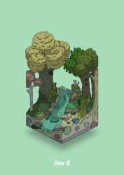 Rule 34 | absurdres, all fours, animal, boulder, bush, commentary, diorama, drinking, gozz, green background, highres, isometric, moss, original, river, rock, tree