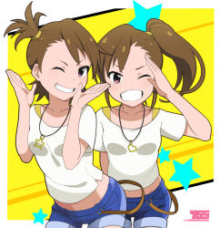 Rule 34 | 2girls, brown hair, denim, denim shorts, futami ami, futami mami, grin, haseneko, heart, heart necklace, highres, idolmaster, idolmaster (classic), jewelry, looking at viewer, midriff, multiple girls, navel, necklace, one eye closed, purple eyes, salute, shorts, siblings, side ponytail, sisters, smile, star (symbol), star necklace, twins