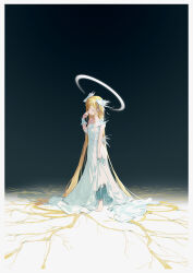 Rule 34 | 1girl, absurdly long hair, absurdres, angel, barefoot, black background, blonde hair, bracelet, closed eyes, collarbone, dress, full body, halo, head wings, highres, holding, holding clothes, jewelry, liliyfox, long dress, long hair, original, simple background, solo, standing, strapless, strapless dress, tears, torn clothes, torn dress, very long hair, white dress, wings, wiping tears