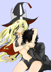Rule 34 | 1boy, 1girl, :|, abe buson, absurdres, anger vein, black eyes, black hair, blonde hair, blue background, breasts, cleavage, closed mouth, eyepatch, glaring, gluteal fold, green eyes, groin, hat, highres, hip focus, kamijou touma, navel, othinus, spiked hair, thighs, toaru majutsu no index, toaru majutsu no index: new testament, witch hat