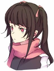 Rule 34 | 10s, 1girl, artist request, black coat, black hair, blunt bangs, coat, eyebrows, frown, hair ribbon, hime cut, pink eyes, pink scarf, ribbon, scarf, senki zesshou symphogear, sidelocks, solo, source request, sweat, sweatdrop, tsukuyomi shirabe, twintails, upper body, white background, winter clothes, winter coat