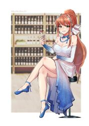 Rule 34 | absurdres, alcohol, alternate costume, ankle ribbon, artist name, blue dress, bottle, breasts, brown hair, butterflan01, cabinet, crossed legs, cup, doki doki literature club, dress, drinking glass, green eyes, hair ornament, hair ribbon, highres, holding wine glass, leg ribbon, lips, long eyelashes, long hair, medium breasts, monika (doki doki literature club), on stool, parted lips, party dress, ponytail, ribbon, sitting, stilettos, stool, teeth, wine, wine bottle, wine glass