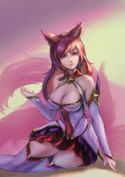 Rule 34 | 1girl, ahri (league of legends), alternate costume, alternate hair color, animal ears, boots, breasts, cleavage, fox ears, fox girl, gloves, highres, league of legends, looking at viewer, magical girl, purple eyes, skirt, smile, solo, star guardian (league of legends), star guardian ahri, thigh boots, thighhighs, tiara, white footwear