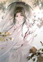 Rule 34 | 1boy, bandages, black hair, china dress, chinese clothes, dress, flower, hat, highres, holding, holding flower, jiangzhouyao222, long hair, looking at viewer, smile, solo, sparkle, tianguan cifu, white dress, xie lian