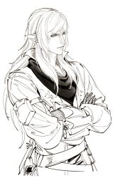 Rule 34 | 1boy, arm belt, arm pouch, belt, belt pouch, collared jacket, crossed arms, elezen, elf, estinien varlineau, final fantasy, final fantasy xiv, from side, gloves, greyscale, hebi86070749, highres, jacket, light smile, lineart, long hair, long sleeves, looking ahead, male focus, monochrome, pointy ears, pouch, scarf, simple background, solo, upper body, white background