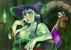 Rule 34 | 1girl, banjo-kazooie, black hair, bored, breasts, colored skin, dingpot, ganguro (zerodigiporu), green skin, gruntilda&#039;s broomstick, gruntilda winkybunion, hat, highres, large breasts, nipple slip, nipples, nose picking, nude, red eyes, snot, solo, witch, witch hat