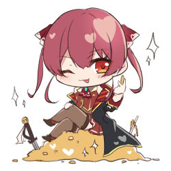 Rule 34 | 1girl, ;p, blush, chibi, coat, coin, crossed legs, gold, hair between eyes, heart, highres, holding, holding coin, hololive, houshou marine, megmilk-uk, one eye closed, pleated skirt, red eyes, red hair, red neckwear, sitting, sketch, skirt, solo, sword, thighhighs, tongue, tongue out, treasure, twintails, virtual youtuber, weapon