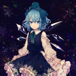 Rule 34 | 1girl, alternate costume, bad id, bad twitter id, blue eyes, blue hair, blue skirt, bow, cirno, closed mouth, collared shirt, commentary request, crescent, crystal, daimaou ruaeru, eyelashes, feet out of frame, fingernails, frilled shirt collar, frills, glass, green bow, green neckwear, green ribbon, hair bow, highres, ice, ice wings, long sleeves, looking at viewer, puffy sleeves, ribbon, shirt, skirt, skirt set, smile, snowflake print, snowflakes, solo, standing, star (symbol), touhou, vest, white ribbon, wing collar, wings