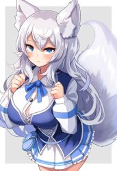 Rule 34 | 1girl, animal ear fluff, animal ears, blue eyes, blue skirt, commentary request, cowboy shot, highres, indie virtual youtuber, lumi (merryweather), plan (planhaplalan), skirt, solo, tail, virtual youtuber, white hair, wolf ears, wolf girl, wolf tail