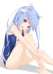 Rule 34 | 10s, 1girl, :d, armpits, barefoot, blue hair, blue one-piece swimsuit, blunt bangs, blush, breast press, breasts, collarbone, fang, from side, full body, gradient hair, hair intakes, hair over shoulder, hair ribbon, happy, head tilt, holding own arm, hugging own legs, i-19 (kancolle), kantai collection, knee up, large breasts, legs, long hair, looking at viewer, midoriyama soma, multicolored hair, name tag, one-piece swimsuit, open mouth, pink hair, pink ribbon, red eyes, ribbon, school swimsuit, shadow, sidelocks, simple background, sitting, smile, solo, star-shaped pupils, star (symbol), straight hair, swimsuit, symbol-shaped pupils, tri tails, twintails, v arms, very long hair, white background