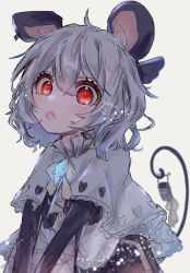 Rule 34 | 1214 asahiyori, 1girl, animal ears, basket, black gloves, blush, capelet, clothing cutout, commentary request, crystal, elbow gloves, frilled capelet, frills, gloves, grey hair, heart cutout, highres, jewelry, looking at viewer, mouse (animal), mouse ears, mouse girl, mouse tail, nazrin, open mouth, pendant, red eyes, short hair, simple background, solo, tail, touhou, upper body, white background, white capelet