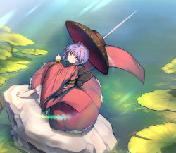 Rule 34 | 1girl, absurdres, black headwear, bowl, bowl hat, closed mouth, full body, hat, highres, japanese clothes, kimono, lily pad, long sleeves, looking at viewer, needle sword, nyong nyong, outdoors, purple hair, red eyes, red kimono, short hair, sukuna shinmyoumaru, touhou, wide sleeves