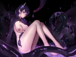 Rule 34 | 1girl, barefoot, braid, breasts, closed mouth, commentary request, cum, flower, genshin impact, hair ornament, highres, large breasts, long hair, looking at viewer, mole, mole under eye, ningre huahe, nipples, nude, purple eyes, purple flower, purple hair, raiden shogun, ribbon, shiny clothes, shrug (clothing), simple background, sitting, solo, tentacles
