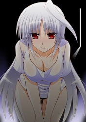 Rule 34 | 1girl, breasts, cleavage, collarbone, commentary request, engo (aquawatery), gluteal fold, hanging breasts, leaning forward, long hair, lyrical nanoha, mahou shoujo lyrical nanoha, mahou shoujo lyrical nanoha a&#039;s, red eyes, reinforce, shirt, silver hair, smile, solo, thigh gap, very long hair, white shirt