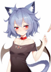 Rule 34 | 1girl, alternate costume, animal ears, bare shoulders, bat wings, black shirt, blue hair, blush, cat ears, cat tail, choker, closed mouth, collarbone, highres, jewelry, kemonomimi mode, leidami, looking at viewer, messy hair, nail polish, off-shoulder shirt, off shoulder, pendant, red eyes, red nails, remilia scarlet, shirt, simple background, smile, solo focus, t-shirt, tail, touhou, upper body, white background, wings