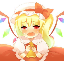 Rule 34 | 1girl, bad id, bad pixiv id, beniko, blonde hair, blush, crying, crying with eyes open, fang, female focus, flandre scarlet, hat, mob cap, open mouth, red eyes, short hair, solo, tears, touhou