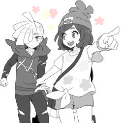 Rule 34 | 1boy, 1girl, bag, blush, collarbone, cowboy shot, creatures (company), dede (qwea 00000), floral print, flower (symbol), game freak, gladion (pokemon), hair over one eye, hat, holding, holding another&#039;s wrist, hood, hoodie, looking at another, nintendo, pointing, pokemon, pokemon sm, selene (pokemon), shirt, smile, spot color, teeth, tied shirt, torn clothes