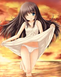 Rule 34 | 1girl, :p, bare arms, barefoot, blue eyes, blush, brown hair, cameltoe, clothes lift, collarbone, dress, dress lift, flat chest, highres, long hair, looking at viewer, one eye closed, original, outdoors, panties, sleeveless, sleeveless dress, solo, tongue, tongue out, underwear, uni8, wading, water, white panties, wink
