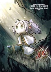 Rule 34 | 1girl, black pantyhose, capelet, cave, chibi, dangle earrings, earrings, frieren, full body, gold trim, grass, green eyes, highres, holding, holding staff, hollow knight, jewelry, mage staff, ononotsu, pantyhose, parody, pointy ears, signature, skirt, solo, sousou no frieren, staff, standing, twintails, white capelet, white hair, white skirt