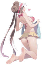 Rule 34 | 1girl, absurdres, ass, barefoot, bikini, bikini top only, blue eyes, brown hair, creatures (company), double bun, doughnut hair bun, from behind, full body, game freak, hair bun, heart, heart-shaped pupils, highres, holding, holding clothes, holding shirt, kneeling, korean commentary, long hair, looking at viewer, looking back, matdoljangin, miniskirt, mixed-language commentary, nintendo, open mouth, pink bikini, pokemon, pokemon bw2, rosa (pokemon), shirt, shoulder blades, skirt, soles, swimsuit, symbol-shaped pupils, toes, twintails, visor cap, white background, yellow skirt