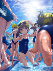 Rule 34 | 6+girls, air bubble, ass, bare legs, barefoot, black eyes, black hair, bubble, clock, commentary request, feet, floating hair, goggles, goggles on head, higashi tarou, highres, long hair, multiple girls, one-piece swimsuit, original, pool, school swimsuit, smile, soles, solo focus, swim cap, swimming, swimsuit, toes, twintails, underwater, water