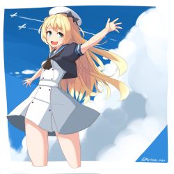 Rule 34 | 1girl, blonde hair, blue eyes, blue sailor collar, blue sky, cloud, commentary request, contrail, cowboy shot, day, dress, gloves, hat, highres, jervis (kancolle), kantai collection, long hair, looking at viewer, mori tarou, open mouth, outstretched arms, round teeth, sailor collar, sailor dress, sailor hat, short sleeves, sky, smile, solo, teeth, upper teeth only, white dress, white gloves, white hat