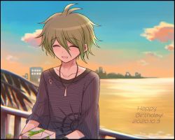 Rule 34 | 1boy, 8takenokonosato8, ^ ^, amami rantaro, black border, blush, border, closed eyes, cloud, collarbone, commentary request, danganronpa (series), danganronpa v3: killing harmony, dated, facing viewer, green hair, hair between eyes, happy birthday, holding, jewelry, male focus, necklace, ocean, open mouth, outdoors, pendant, shirt, short hair, smile, solo, striped, sunset, upper body