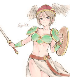 Rule 34 | 1girl, armor, bikini, bikini armor, blue eyes, breasts, character name, cleavage, closed mouth, collarbone, cosplay, cowboy shot, earrings, feathered wings, green bikini, grey hair, hair between eyes, hamao, highres, holding, holding shield, holding sword, holding weapon, idolmaster, idolmaster cinderella girls, jewelry, medium breasts, midriff, navel, red headwear, shield, shiomi syuko, short hair, shoulder armor, simple background, sketch, smile, solo, standing, stomach, swimsuit, sword, valkyrie (vnd), valkyrie (vnd) (cosplay), valkyrie no densetsu, weapon, white background, white wings, wings