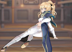 Rule 34 | 1girl, aruman, ass, blonde hair, blue capelet, boots, cameltoe, capelet, coattails, denim, detached sleeves, genshin impact, heels, jean (genshin impact), jean grunhildr, jeans, longcoat, looking at viewer, pants, ponytail, spread ass, tight clothes, tight pants