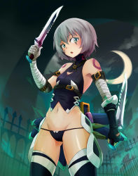 Rule 34 | 1girl, absurdres, bandages, bare shoulders, black panties, breasts, cloud, cowboy shot, dual wielding, scar on face, fate/apocrypha, fate/grand order, fate (series), female focus, fingerless gloves, from below, gloves, gluteal fold, grey hair, groin, highres, holding, jack the ripper (fate/apocrypha), knife, looking at viewer, midriff, navel, okamin, outdoors, panties, scar, scar across eye, scar on cheek, scar on face, short hair, sky, small breasts, solo, standing, tattoo, thighhighs, thighs, underwear